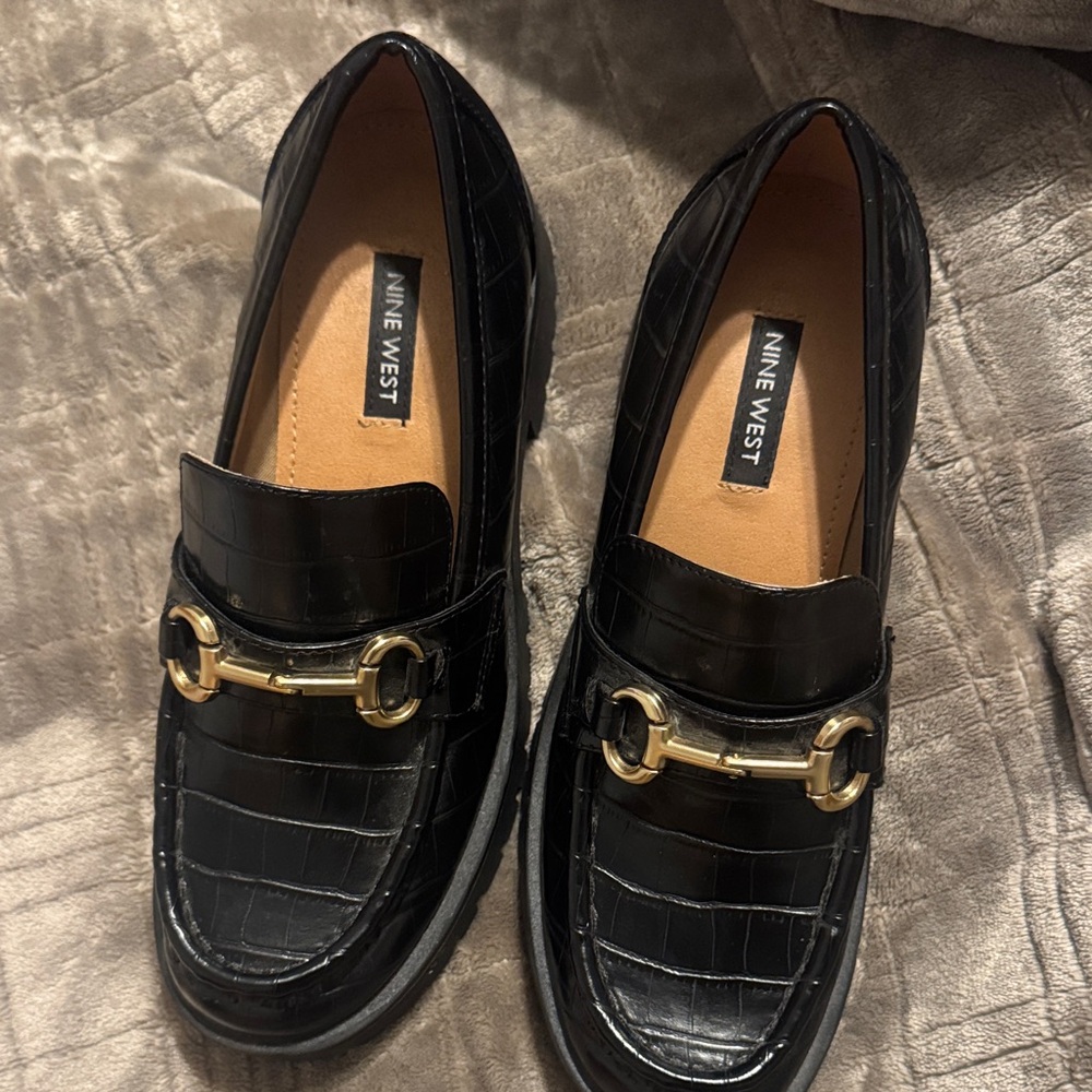 Nine West Black Croc-Embossed Loafers with Gold Detail